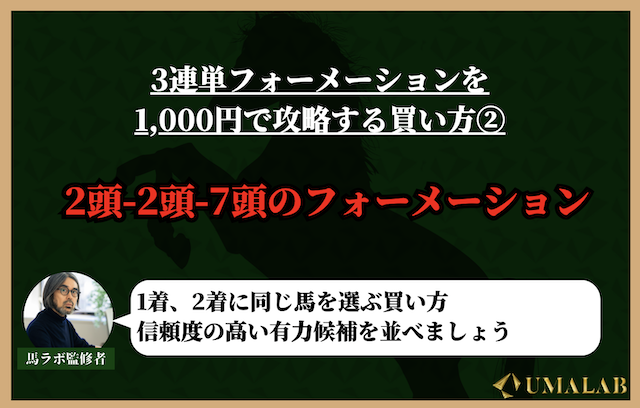 【中央競馬】軸を2頭に絞れるレースを2頭-2頭-7頭のフォーメーションで買う