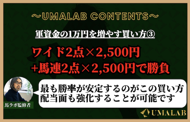 競馬で1万円を増やす買い方③：ワイド2点×2,500円+馬連2点×2,500円で勝負