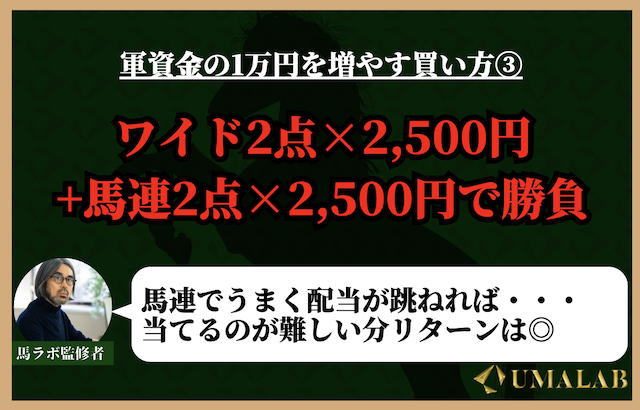 競馬で1万円を増やす買い方③：ワイド2点×2,500円+馬連2点×2,500円で勝負