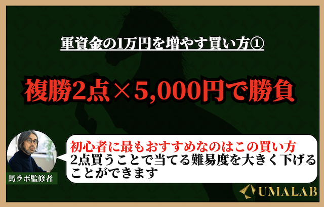 競馬で1万円を増やす買い方①：複勝で2点×5,000円で勝負