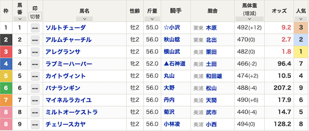 2024年10月12日の新潟2Rの出走表