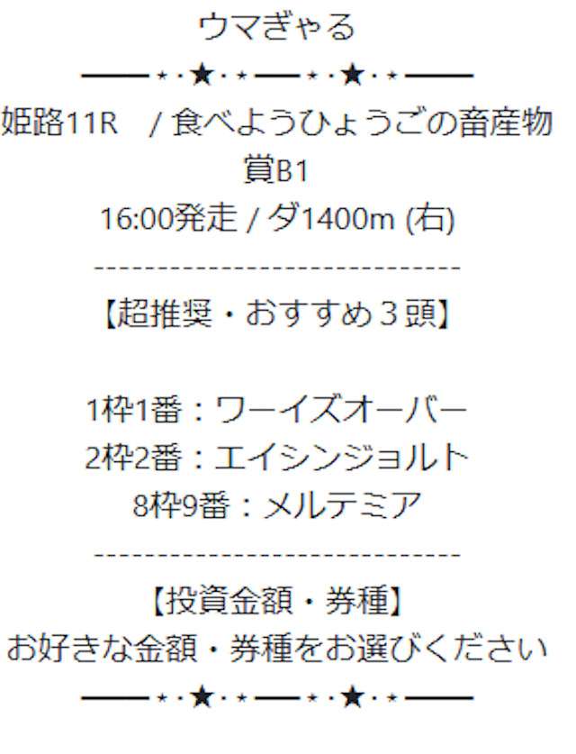 ウマぎゃる2024年01月21日無料予想買い目