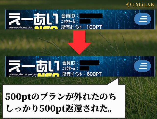 えーあいNEOはしっかりポイントを返還してくれた